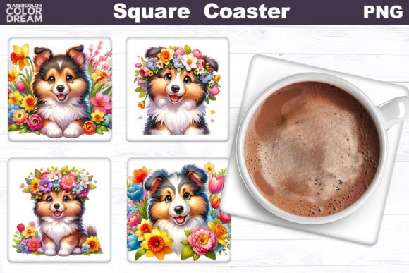 Collie Square Coaster Dog Flowers Squa