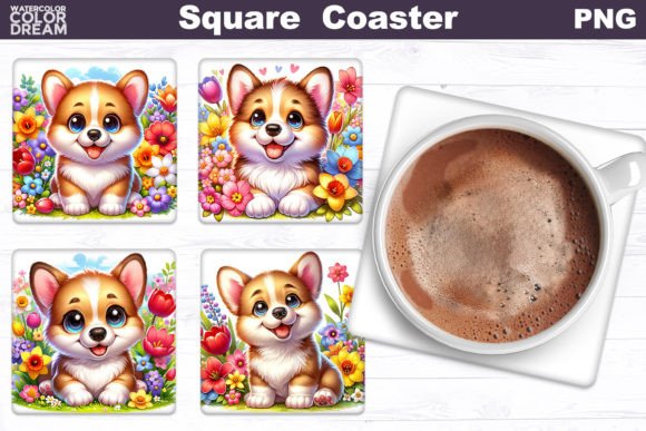 Corgi Square Coaster Dog Flowers Squar