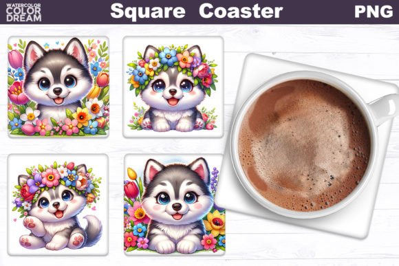 Husky Square Coaster Dog Flowers Squa